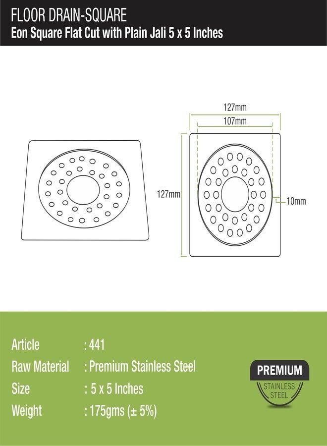 LIPKA 5 x 5 Inches Eon Square Flat Cut Plain Jali Floor Drain with Hole | Premium Stainless Steel | Floor Drain for Bathroom Silver - Image 2
